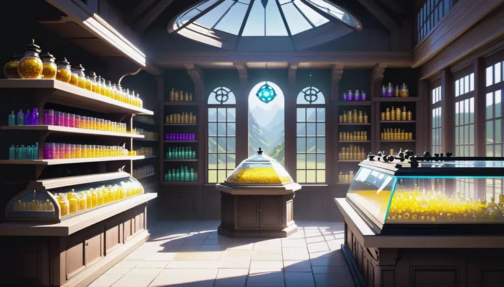 natural sunlight, interior, in a Expansive potion shop