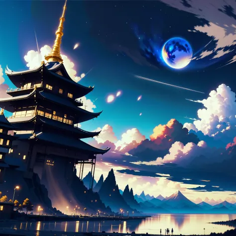 anime style, digital painting, golden hour, blue sky, clouds, scenery, in a Nocturnal Micrometeoroid Pocked Areas