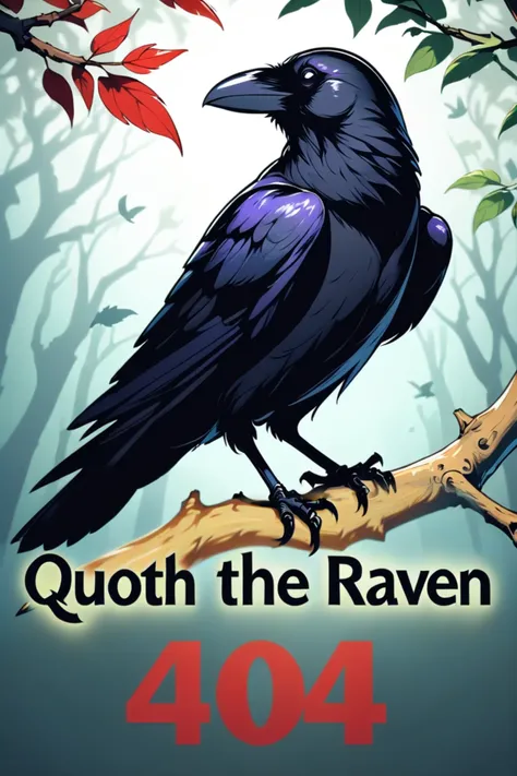 Quoth the Raven 404 text logo, black, red, white, comic book, outlined text, raven perched on a branch<lora:Harrlogos_v2.0:1>