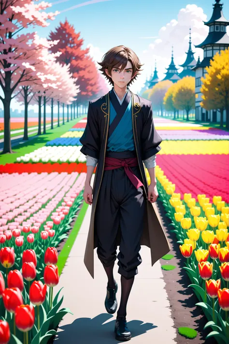 rough digital painting, (full body:1.2), 1boy, man, handsome, solo, [:outlandish costume design,:0.2] warlock, japanese, muted brown hair, (solid:1.3) build, noon, architecture, deciduous English Major Tulip fields in the Netherlands in a Open Ocean