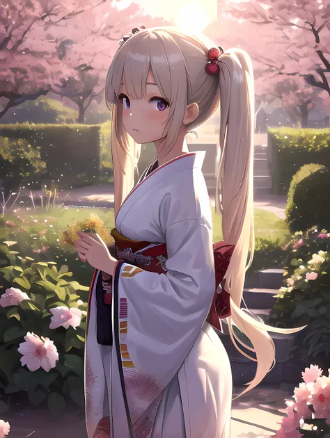 absurdres, 1girl, very intricate, ultra detailed, twintails, long hair, kimono, hair ornaments, garden, park, nature, sakura, sunset, lens flare