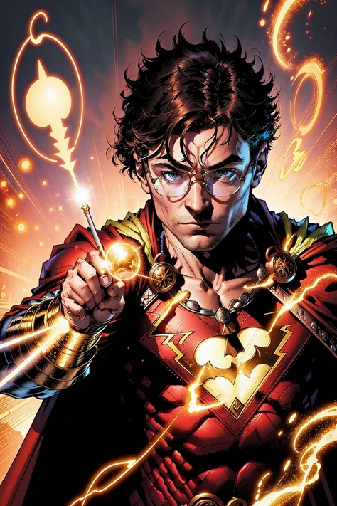 jim lee, 1boy, young harry potter fighting , glasses,wizard ,night, brown cape ,holding a magic wand , fantasy, magic, upper bod...