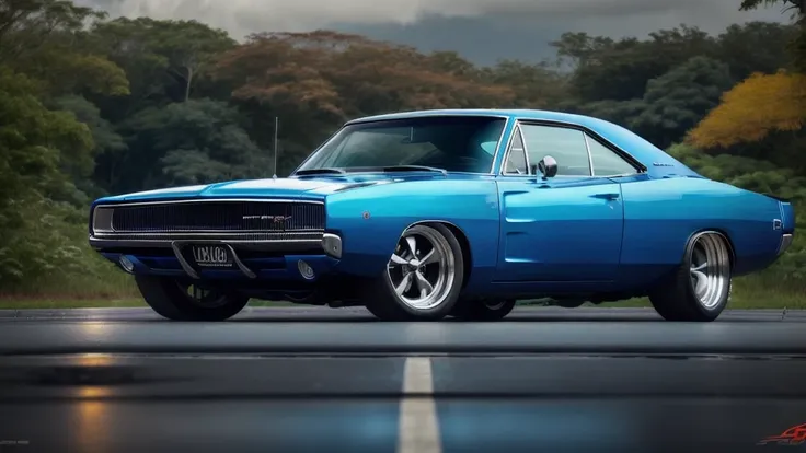 DCHRG68 CAR , ultrarealistic raw photo of blue Dodge Charger 1968, ultra hd, best quality, very beautiful jungle in autumn rain, charm, highly detailed car, highly detailed wheels, Photorealism, Professional lighting, high quality, sharp, dehaze, far angel...