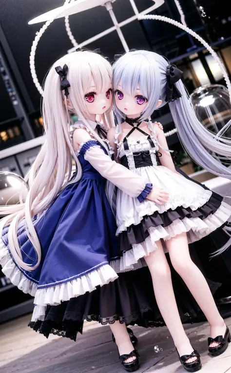 two anime girls in dresses hugging each other on a street