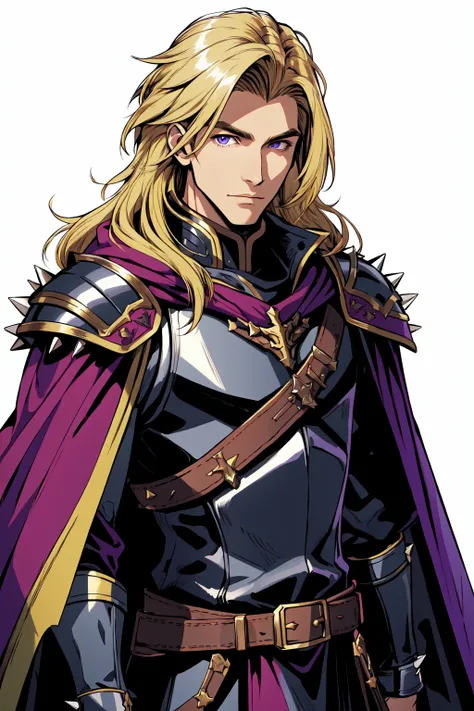 solo, long hair, blonde hair, 1boy, male focus, cape, armor, shoulder armor, spikes, shoulder spikes, purple cape