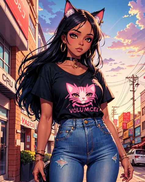 (volumetric lighting, Highres), (Detailed Illustration), Ultra-Detailed, 1girl, dark skin, cat ears, animal ears, anime shirt, denim jeans, long hair, make up, jewlery, naval, choker, vaporwave, city, outdoors,