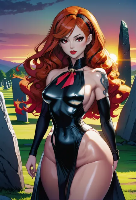 1girl, woman, dark sorceress, (very high collar:1.3),(red lipstick:1), (Torture devices on display:1.3),Within a circle of standing stones at night, bombshell hair, shiny sunset hair, Blowout,hair ribbon, thicc athletic build, small breasts, (asian:1.3)