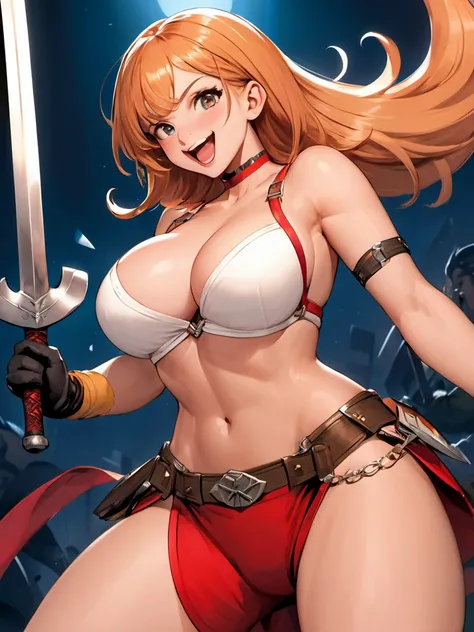 a woman in a red bikini holding a sword and a sword