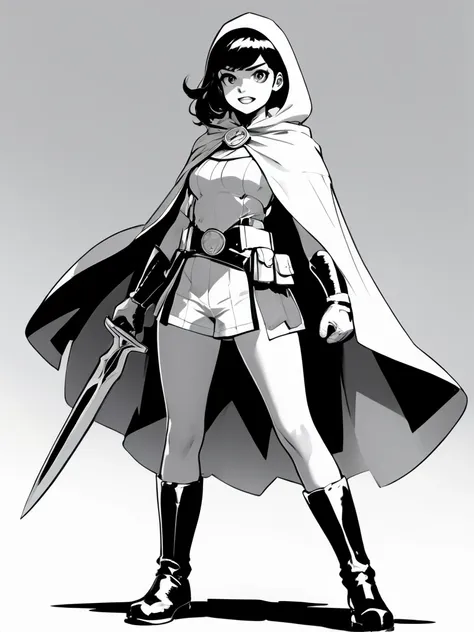 a drawing of a woman in a cape and boots holding a sword