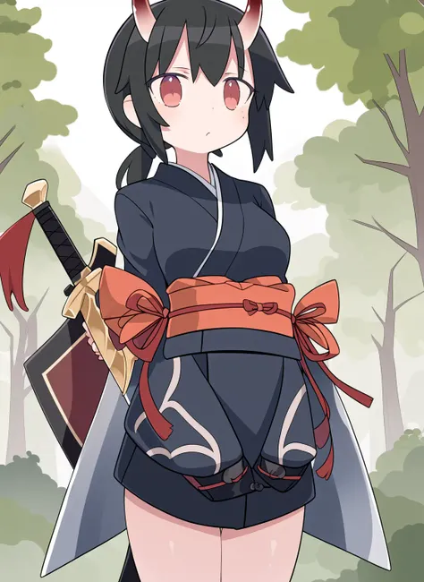 Masterpiece, best work, high quality, black hair, (japenese armor), kimono, (wielding sword), huge sword, pony tail, oni horns, large jacket, robes, kimono, red eyes, serious, forest wind blowing, in motion, leaves, leaves falling, afternoon, action, petit...