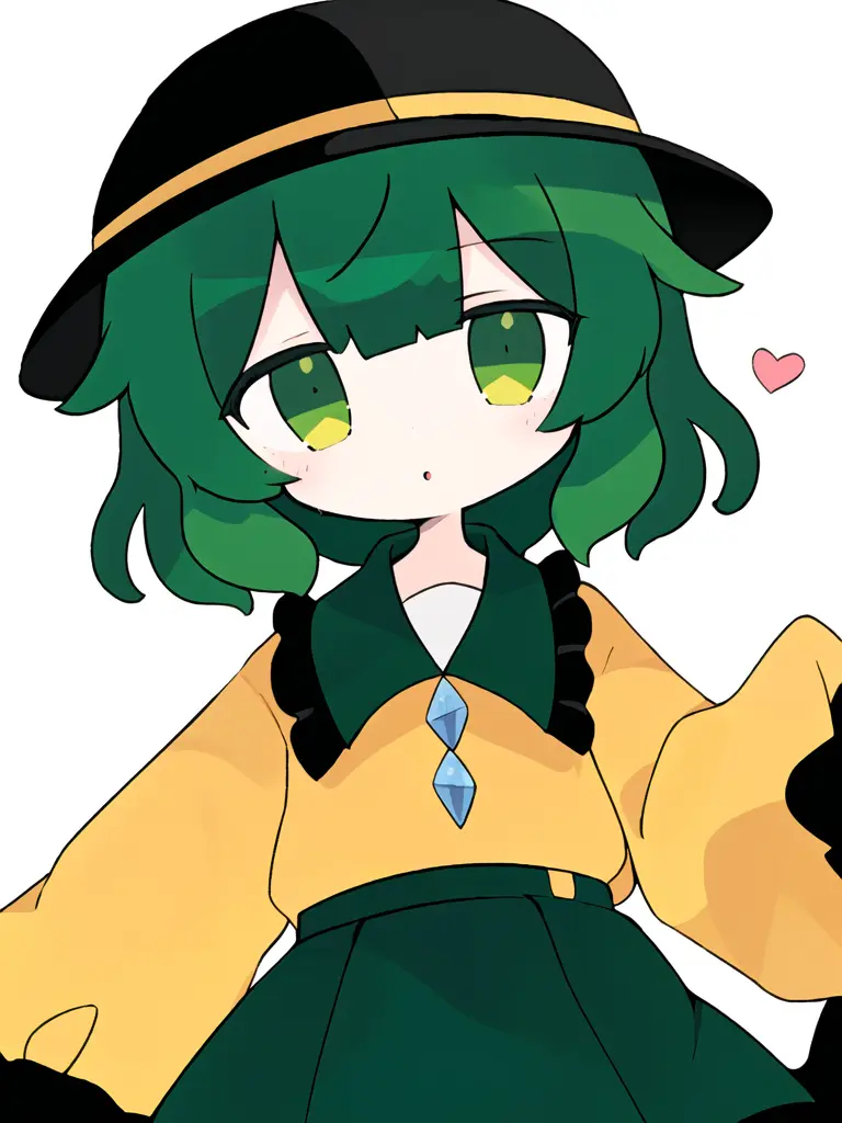 Gorgeous female photo, Masterpiece, best quality, best work, promotional art, beautiful face, (komeiji koishi), green hair, green eyes, black headwear, messy hair, short hair, yellow shirt, collared shirt, frilled shirt, green skirt, heart of string