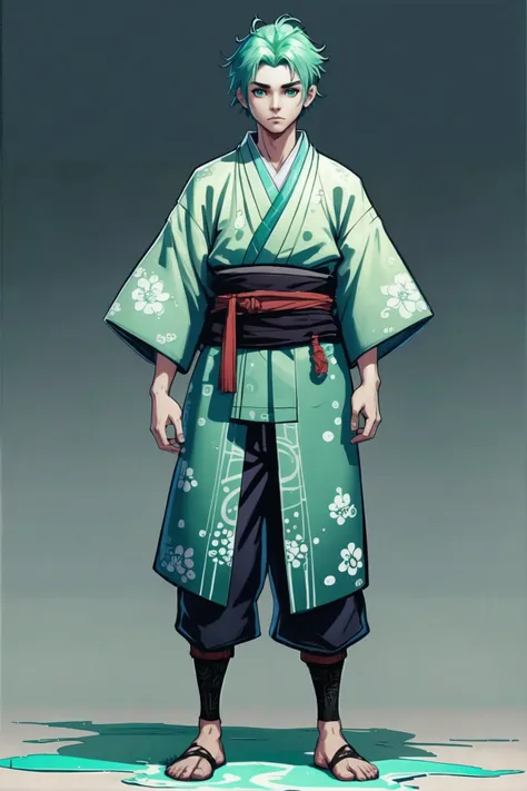 a man in a green kimono outfit standing on a green surface