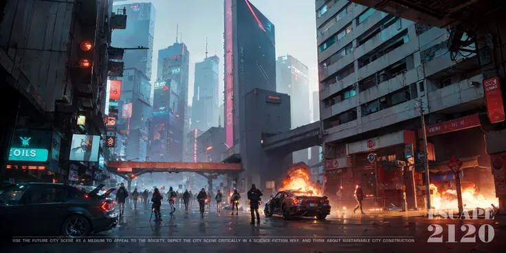 Shooting scene,futuristic city, fantasy, building,(cyberpunk:1.2),viaduct,cyberpunk city,neon lights,Modern mansion,
(War:1.2), gangsters, (shootouts:1.2), robberies, riots,(crimes:1.2),(explosion),
microchip, elegant, beautiful background, octane render,H...