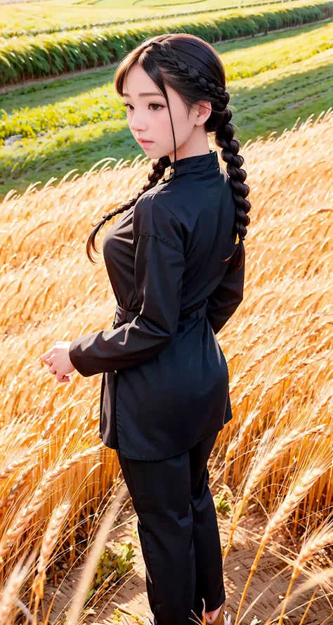 <(realistic:1.3), intricate details>, 1girl,full body,looking back,wheat field,  braided bangs,braided ponytail, balck hair,twin...