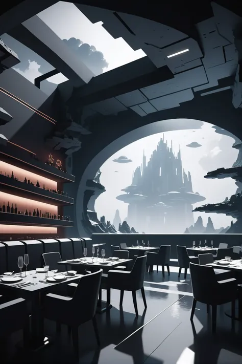 shadow minimalism, scifi, exclusive restaurant in a dystopian fantasy cloud arcology outside of time, masterpiece<lora:EnvyShadowMinimalismXL01:0.75><lora:EnvyBetterHiresFixXL01:0:hr=1>