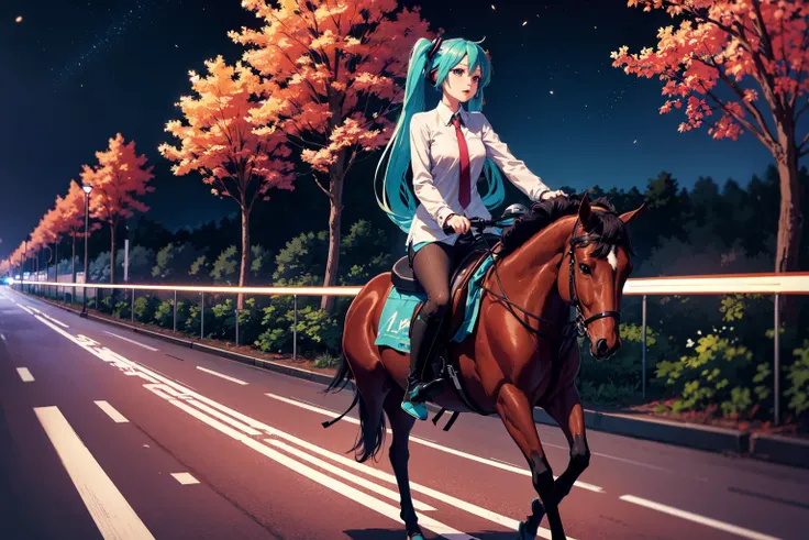 absurdres, highres, best quality,1girl, hatsune miku, riding horse, night, woods, foliage, motion lines, speed lines,