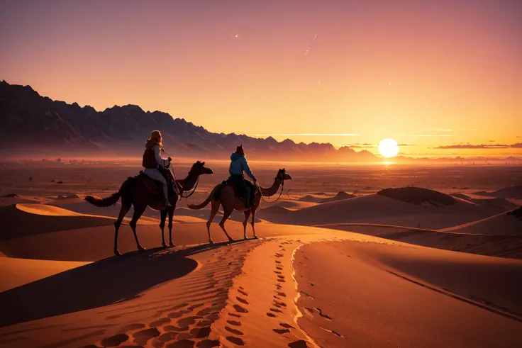 absurdres, highres, best quality, landscape, scenery, sunset, meteor, plains, desert, camel,