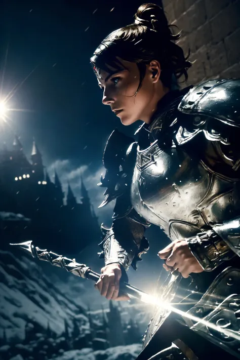 cinematic still of 1 female warrior,  War_Glam,  silver armor,  dynamic pose, ,   lens flare, night, dark, dim light 
 (photorealistic, realistic:1.4), (best quality), 35mm (castles, detailed medieval landscape),   (highres:1.1), (masterpiece:1.3), cinemat...