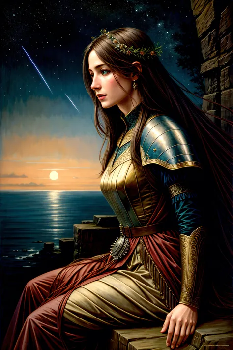 close up of 1 woman knight sitting on the cliff, night, moonlight, shooting star, beautiful face,
oil painting, detailed, intricate, fantasy art, muted color:0.45, best quality, good anatomy, good composition, good proportions, good design, dynamic pose, g...