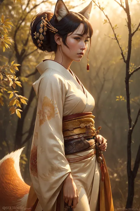 a (photorealistic:1.5), (dramatic), (fantasy render), concept art, (cowboy shot), of a (beautiful female), (queen of the kitsune), fox ears:0.3, wearing a (classical japanese kimono), (small tail), by wlop, artgerm, greg rutkowski, award winning, masterwor...