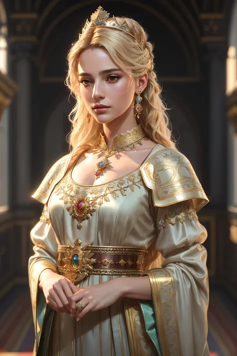 modelshoot style, (extremely detailed CG unity 8k wallpaper), full shot body photo of the most beautiful artwork in the world, renaissance good (male prince:1.2), (roman) descent and dress), golden crown, jewelry, (with ponytail blonde hair), young, mediev...