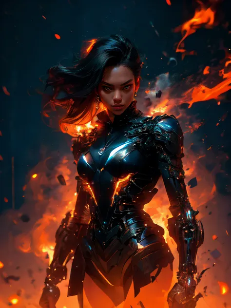 a woman in a black suit with a sword and fire