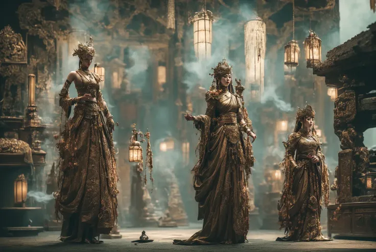 1girl, Wear armor,(outside:2),solo,Ultra-detailed face,weirdness chinese,flame,Chinese clothing,soft light,courtyard,(Full-body photo),lantern,(smoke),(Chinese architecture),sword,wallpaper, beautiful studio soft light, rim light,masterpiece,Giant worshi...