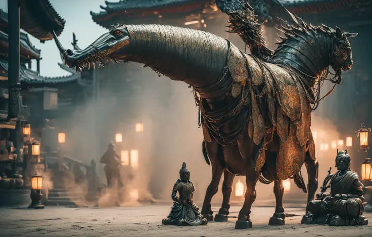 The horse Wear armor,(outside:2),solo,weirdness chinese,flame,soft light,(Full-body photo),lantern,(smoke),(Chinese architecture),sword,wallpaper, beautiful studio soft light, rim light,
Ultra-high quality, (Masterpiece, best quality, complex details: 1.2...