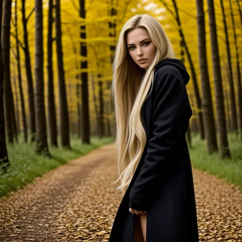 blonde girl in long black coat in forest