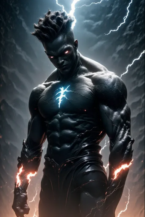 a man with lightning in his hands standing in front of a dark background