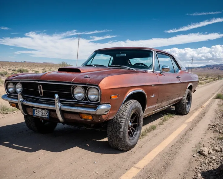 cinematic, filmic image 4k, 8k with [George Millers Mad Max style]. The image should be captured in a [wide-angle view] and depict [single] a [post-apocalyptic] V8 [muscle car]. The cars paint is a [black] covered in a spots of [rust] and thin layer of smo...