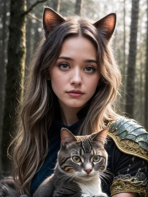 girl holding cat, cat ears, Emmy Rossum, chibi, blue, gold, white, purpple, dragon scaly armor, forest background, fantasy style, (dark shot:1.17), epic realistic, faded, ((neutral colors)), art, (hdr:1.5), (muted colors:1.2), hyperdetailed, (artstation:1....