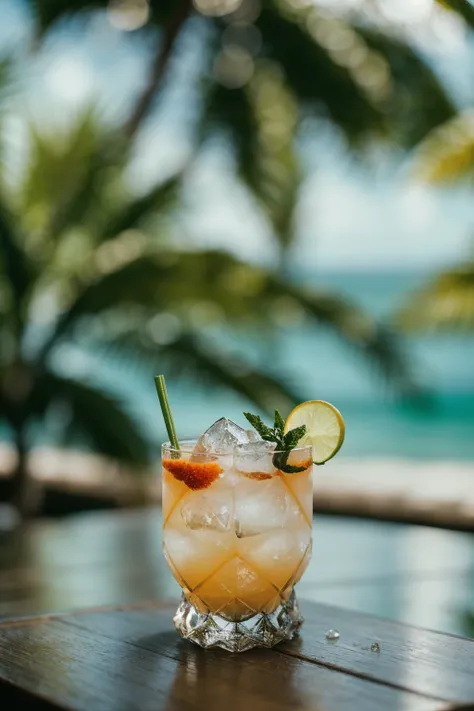 luxury cocktail in a tropical oasis, bokeh, sunlight, ocean, ice, particles, lens effects, calm, relaxing, beautiful, green, plants, tropical, cinematic, film grain, food photography, product design,
official, editorial, magazine cover, best quality, high ...