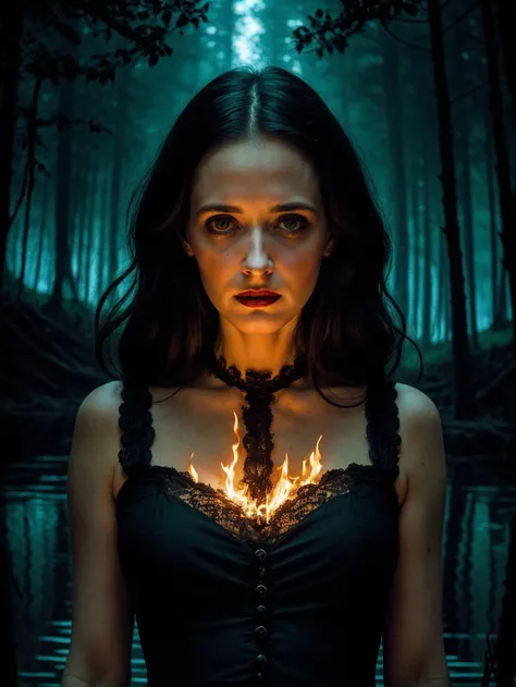 realistic, a photo of a gothic horror woman in a black lake, beautiful woman, unsettling horror, professional,  (Extremely Detailed:1.2), glow effects, godrays,  intricate details, sharp focus, dramatic, photorealistic, tribal village, wooden village, burn...