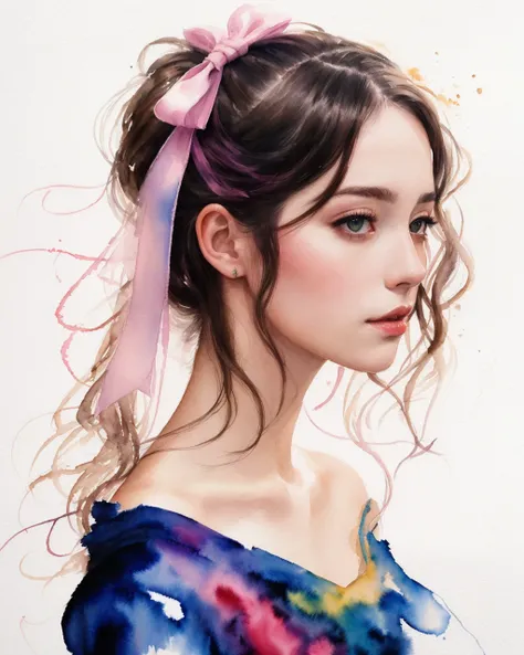 (8k, best quality, masterpiece:1.2),(best quality:1.0), (ultra highres:1.0), watercolor, a beautiful woman, shoulder, hair ribbons, by agnes cecile, half body portrait, extremely luminous bright design, pastel colors, (ink:1.3), autumn lights