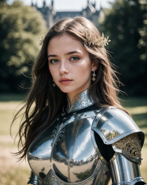 a woman in a silver armor suit standing in a field