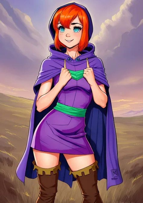 a cartoon image of a woman in a purple dress and a purple cape