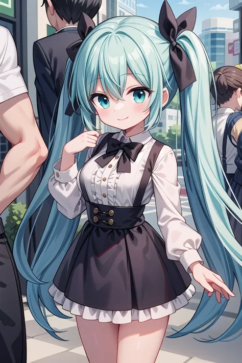 anime girl with blue hair and black dress standing in front of a crowd