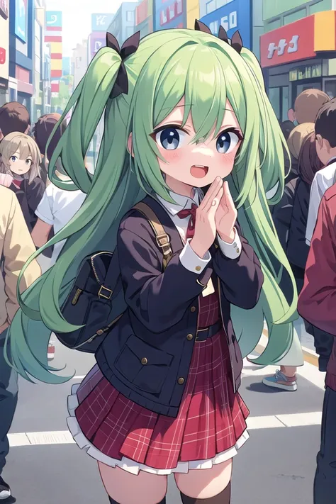 anime girl with green hair and green hair in a crowded street