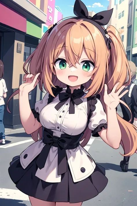 anime girl in a maid outfit standing on a street corner