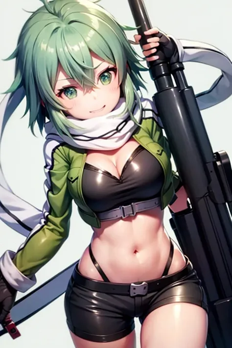 <lora:Shinono-10:0.8>,Shinono, green hair,large breats,light smile,long sleeves, cleavage, upper body, open clothes, open_cropped_jacket,fingerless gloves, scarf, black shorts, anti-materiel rifle, white scarf,best quality