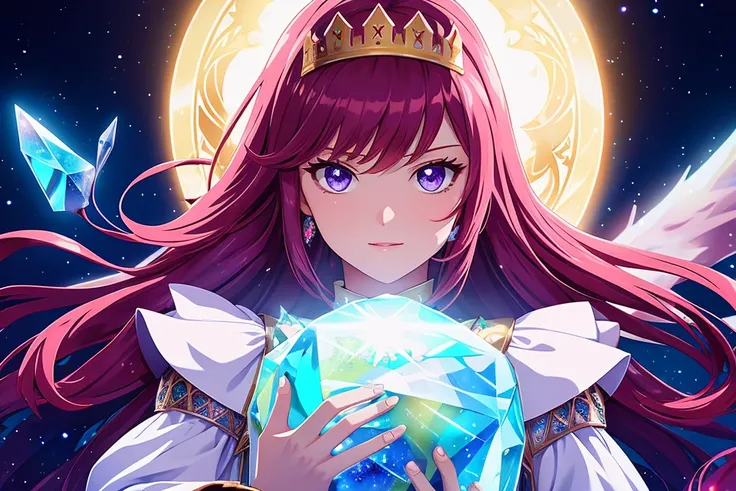 (80s anime style), A highly detailed illustration of a solo androgynous:1.2 adult magical girl with purple eyes, flat chest, BREAK
detailed background, detailed face, (high fantasy medieval theme:1.1), crystal sorcerer, levitating,  earth themed clothes, c...