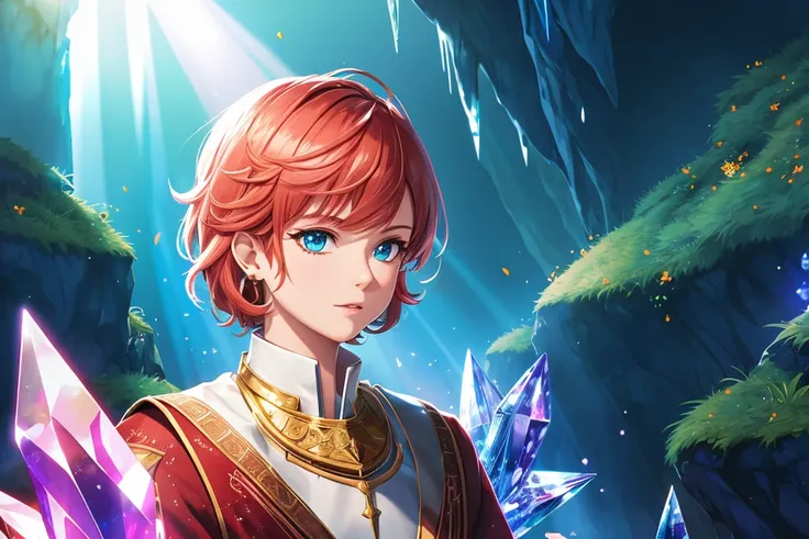 (80s anime style), A highly detailed illustration of a solo androgynous:1.2 adult magical girl with short hair and SandyBrown eyes, flat chest, BREAK
detailed background, detailed face, (high fantasy medieval theme:1.1), crystal mage,  dynamic pose, earth ...