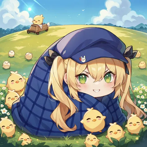 anime girl with a blue hat and a blue blanket surrounded by chickens