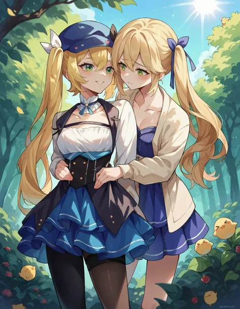 two anime girls in blue dresses standing next to each other