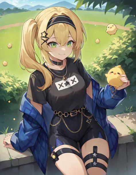 anime girl sitting on a wall with a yellow apple in her hand