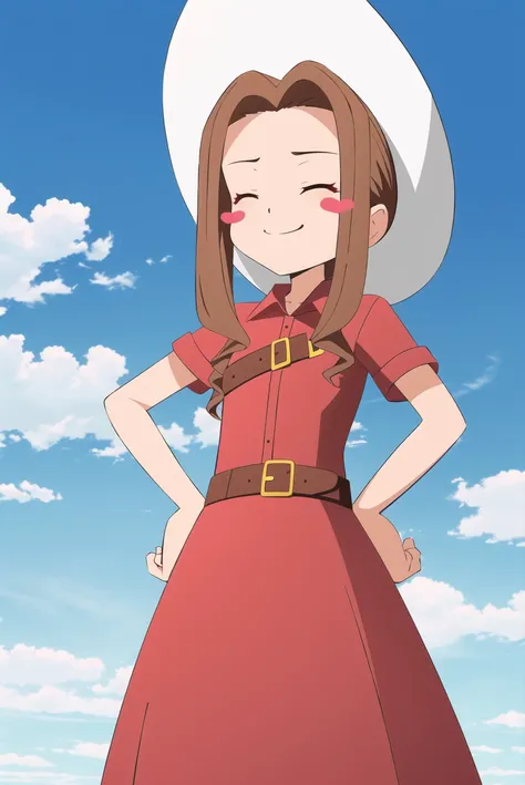 digimon, 1girl, solo, brown hair, hat, closed eyes, sky, cloud, dress, belt, smile, long hair, hands on hips, blush, short sleeves, outdoors, sidelocks, parody, cowboy hat, closed mouth, red dress, cloudy sky, blush stickers,   ((masterpiece)) <lora:digimo...