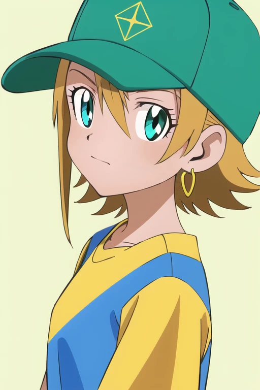 digimon, masterpiece, best quality, 1girl, aqua eyes, baseball cap, blonde hair, closed mouth, earrings, green background, hat, hoop earrings, jewelry, looking at viewer, shirt, short hair, simple background, solo, upper body, yellow shirt <lora:digimon_of...