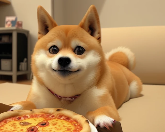 a photo of a cute ((doge)) with a box of pizza, soft render, low detail, ultra graphics, cinematic dramatic light, advanced pers...