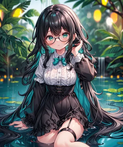 (photo of skinny wide hip 18yo girl:1.2), glasses, ((Teal) grid dress and black tighs and black garter belt, (black wavy hair:1.4), 1girl, solo, (open legs:1.1) , (background in a Tropical Waterfall  with shining lights and a pond:1.3),  bokeh, RAW photo, ...